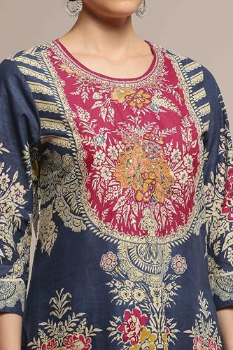 Biba Women Blue Cotton Straight Printed Suit Set_34