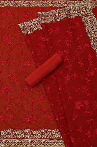 Soch Womens Rust Organza Embroidered Unstitch Dress Material With Thread Work