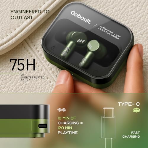 GOBOULT Newly Launched Tenet Pro with ANC TWS Earbuds, 75H Playtime, Amp App Support, 32dB ANC, Quad Mic ENC, Dual Device Pairing, 13mm Driver Ear Buds, Bluetooth 6.0 Wireless Earbuds (Olive Green)