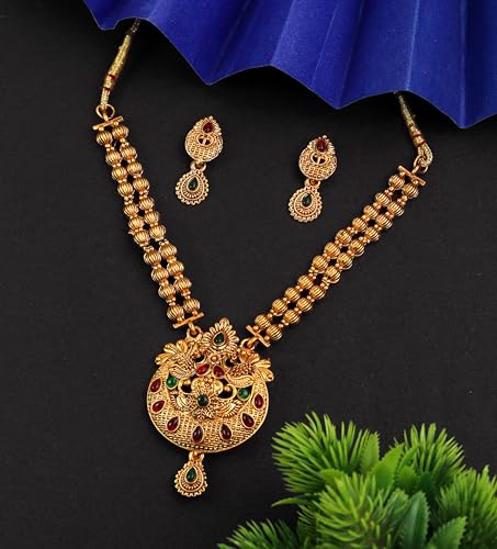 CUTE GOLD Antique Oxidised Plating Necklace With Earring For Women and Girls | Antique Temple Necklace Set for Women & Girls(AN-359)(Modern)