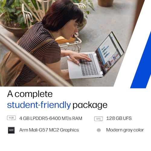 HP Chromebook 14, MediaTek Kompanio 540 (4GB LPDDR5, 128GB UFS) HD, Touch, Anti-Glare, Micro-Edge, 14''/35.6cm, ChromeOS, 100GB Google One(1yr),Modern gray,1.35kg, nm0006MU, HD Camera w/shutter Laptop