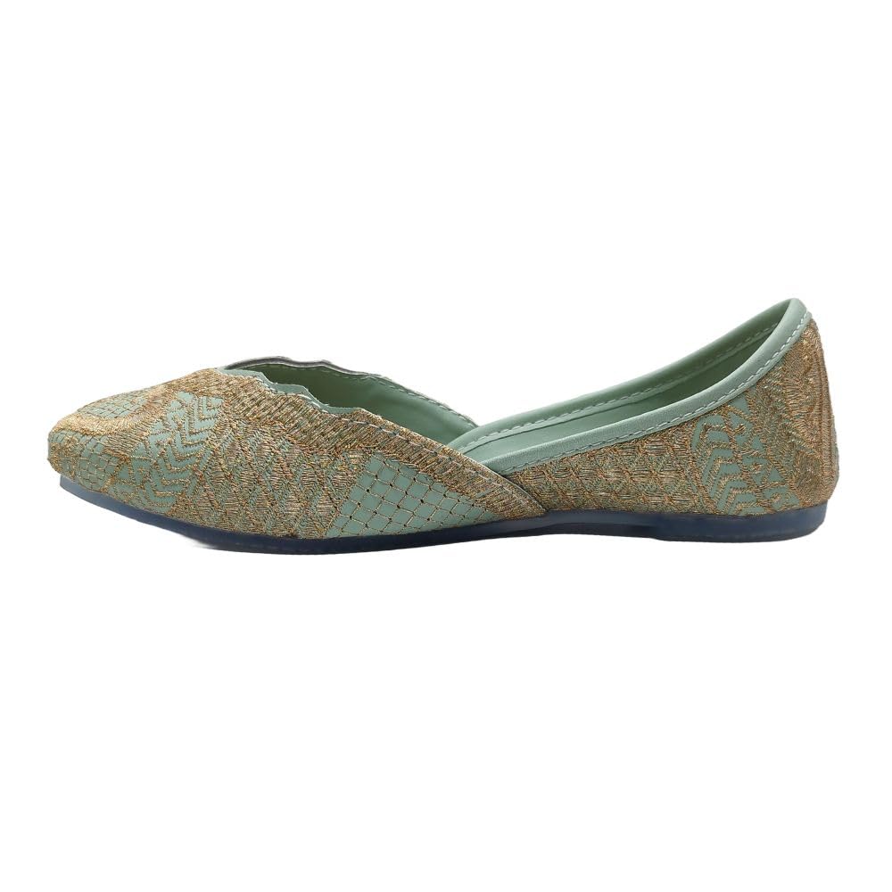 Pluxh Women's Mt-Green Embroidered Traditional Flats Punjabi Jutis 5 UK