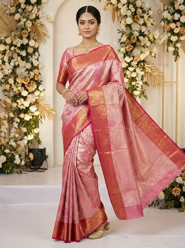 MIMOSA Women’s Rani Pink Art Silk Saree Woven with Zari Tissue | Kanjivaram Style Saree | Rich Pallu & Tassels | 6.2 Mtr