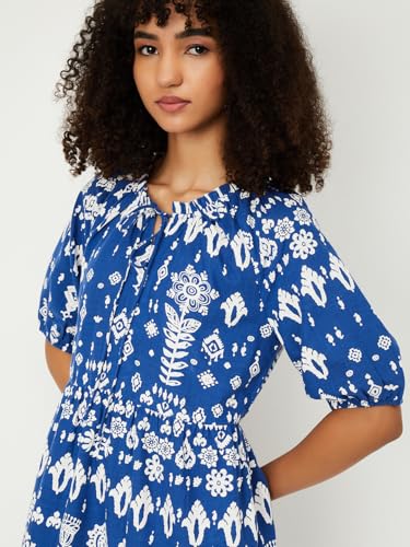 Max Women Printed A-line Dress (Blue_XL)