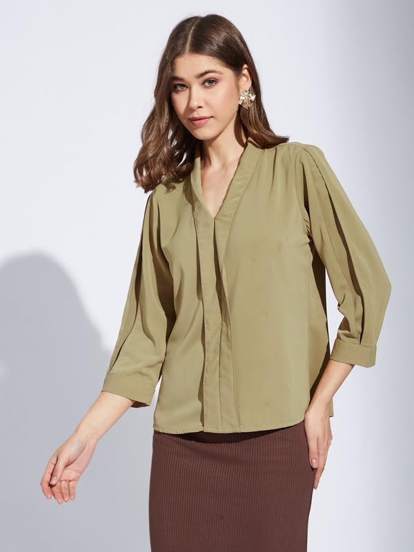 Latin Quarters Women Beige V-Neck 3/4th Sleeve Solid Top Blouse_M