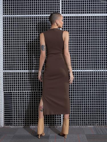 Sassafras Women's Brown Rib Side Slit Bodycon Midi Dress -XXL