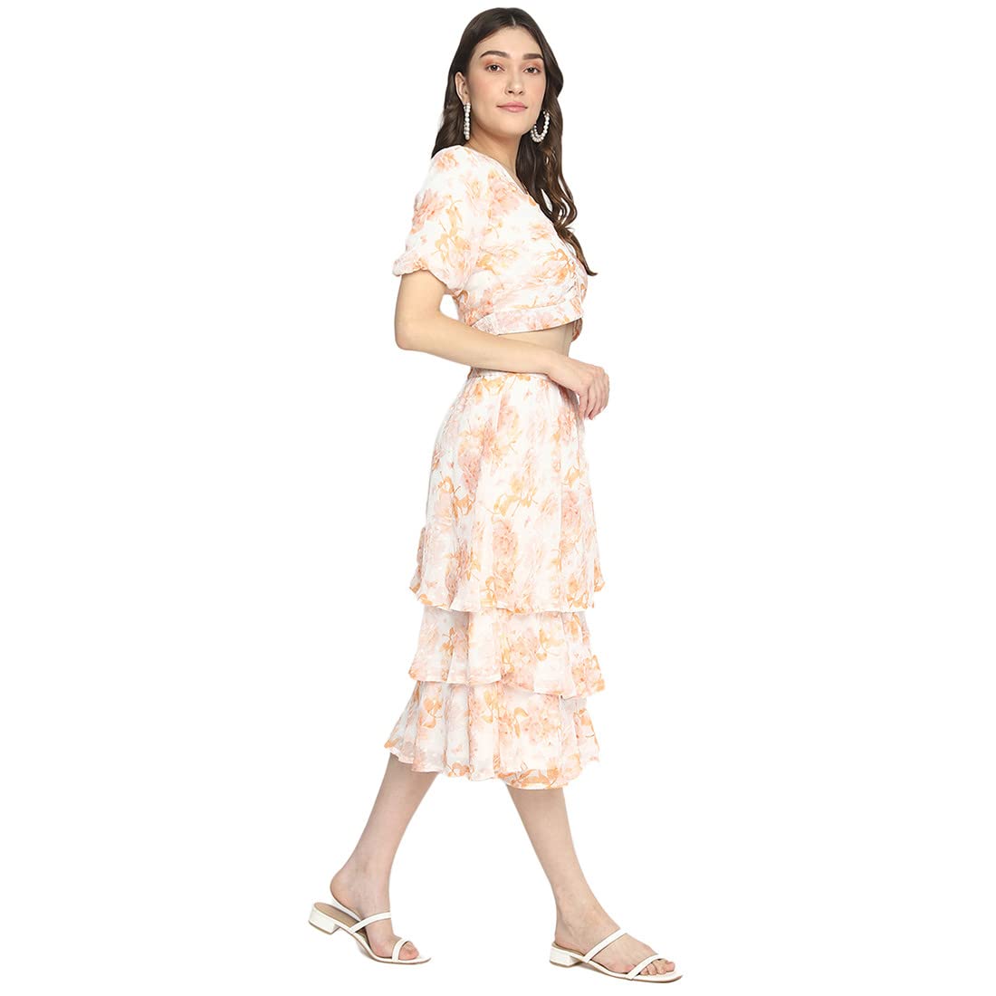 Latin Quarters Women Orange Floral Printed V-Neck with Peasant Sleeves Layered Fit & Flare Dress