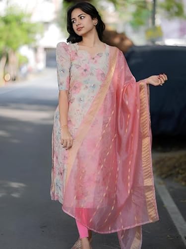 24 Carat Suit Women's Chanderi Stitched Printed Kurta Dupatta Set (2CKD4_Cream_M)