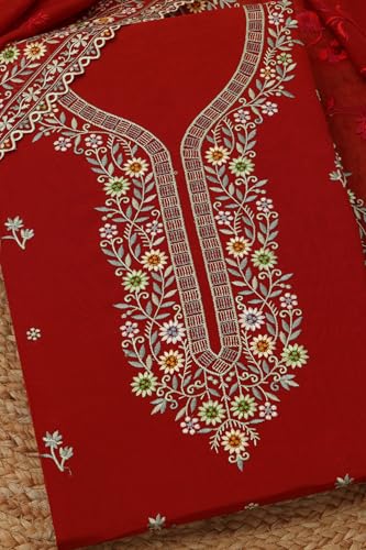 Soch Womens Rust Organza Embroidered Unstitch Dress Material With Thread Work