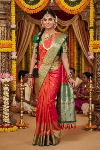 SREE KUMARAN Women's Traditional Handloom Kanchipuram Silk Pure Pattu Sarees | Unstitched Blouse (VSK275-1)