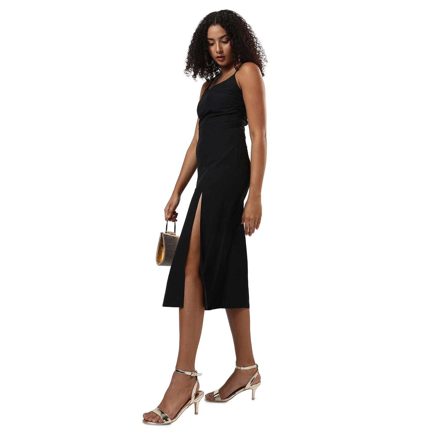 Campus Sutra Women's Solid Black Sleeveless Midi Length Regular Fit Dress for Casual Wear | Round Neck Dress Crafted with Comfort Fit and High Performance for Everyday Wear