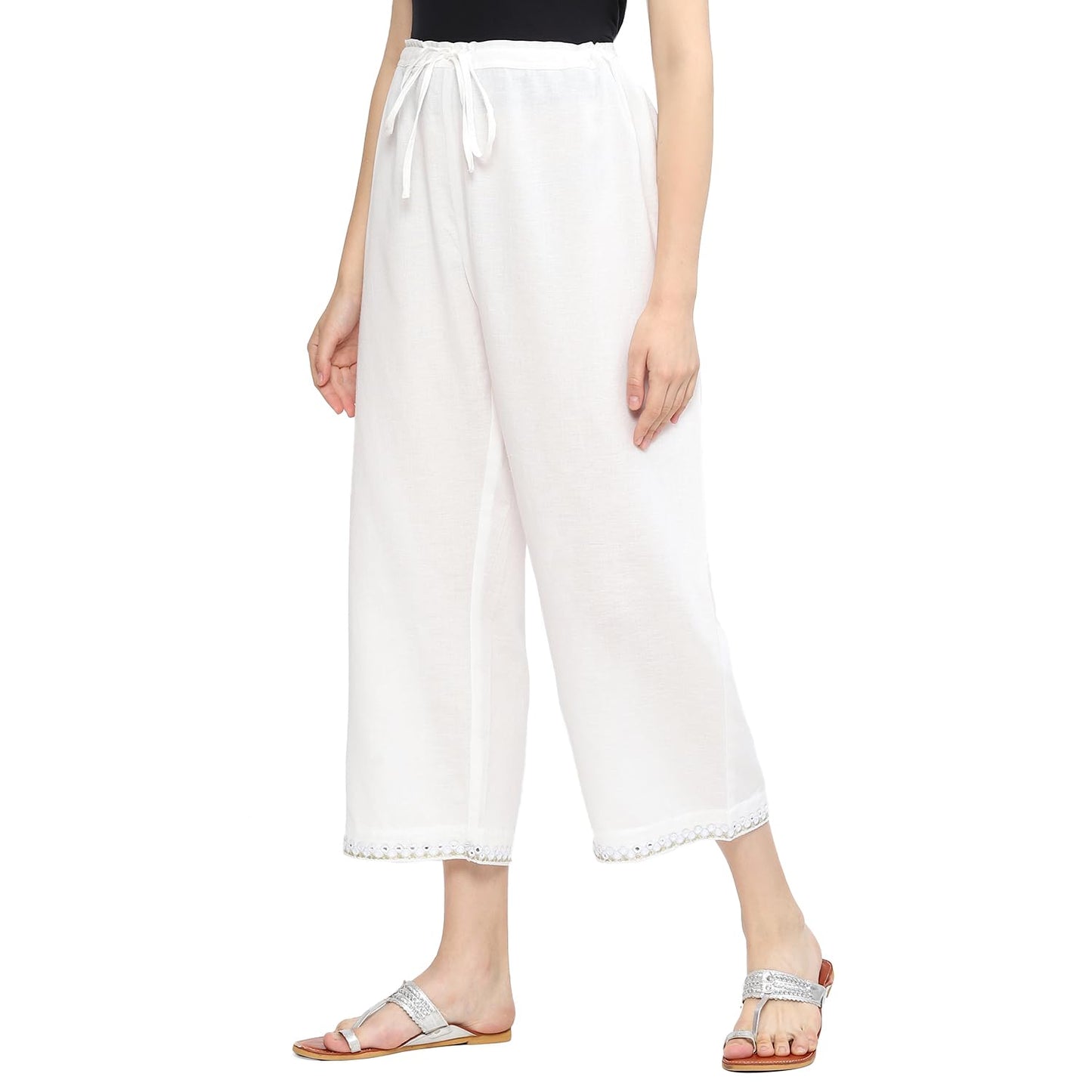 BIBA Women Rayon Printed Straight Kurta Mid Rise Pants (Palazzo) Size 90 CM (RUHAANI 19564 White_L)