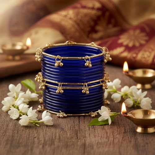 KAYASHA Blue Premium Glass Bangles Set with Ghungroo For Women|Trendy Kashmiri Bangles|Kangan Set For Women|Kanch Ki Chudiya Set Girls|Trendy Bangle For Gift|Wedding & Parties - Set Of 20