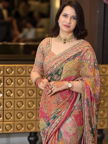 Kryone Collection Printed Chinon Silk Saree with Zari Woven Mirror Work and Unstitched Blouse Piece for Women Traditional Party Ethnic Wear Saree