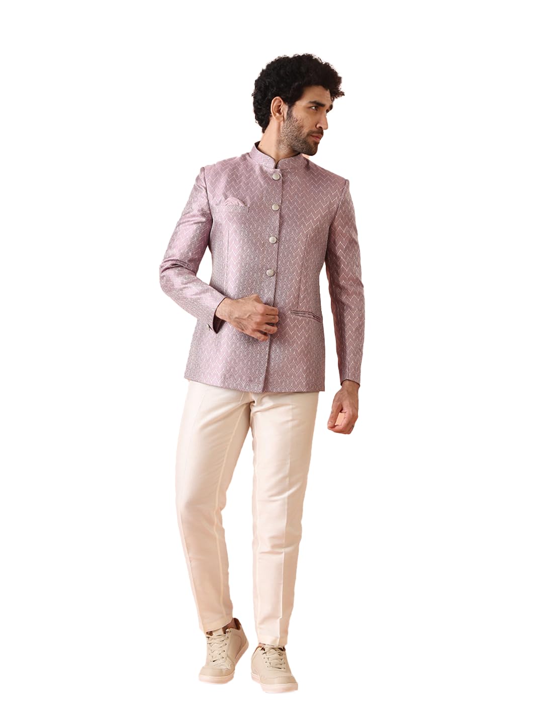 KISAH Men’s Bandhgala & Trouser Set – Textured Silk Blend Jacquard Ethnic Suit for Men – Regular Fit Wedding & Festivals – Dry Clean Only, Lilac, 40