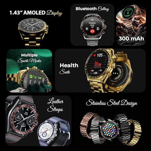 Fire-Boltt Moonwatch 36.3mm (1.43 inch) AMOLED Display, Wireless Charging, Metallic Frame, Stainless Steel Luxury Straps, Complete Health Suite, Bluetooth Calling, Sports Modes (Black)