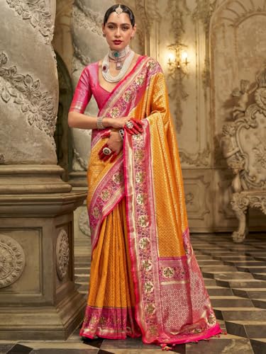 AKHILAM Women's Mustard Silk Blend Ethnic Motif Printed Saree With Unstitched Blouse (CHNDNA508_RW)