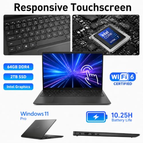 Dell 15 Laptop Touchscreen, Intel Ultra 7(12-Core), 64GB DDR5-5600MT/s, 2TB