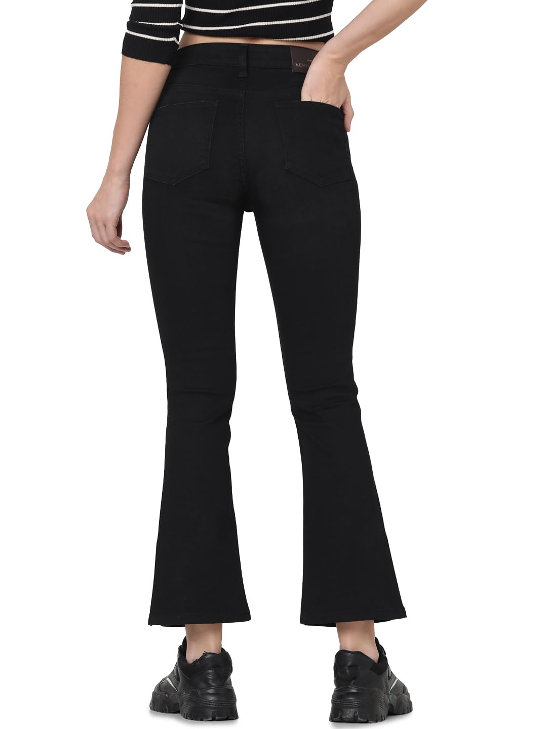 VERO MODA Women Solid Black Cotton Boot Cut Mid Rise Jeans