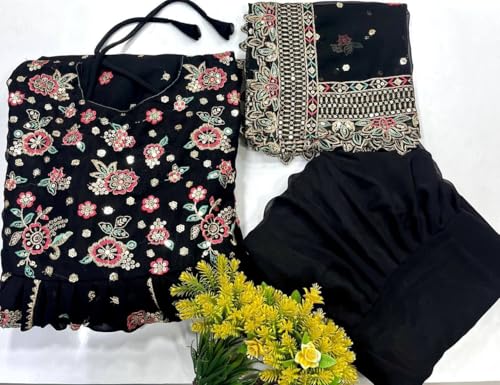styledaura Embroidered Anarkali Gown with Dupatta and Pant | Floral Georgette Silk Fully Stitched Ethnic Suit for Women | Ethnic Wear Designer Anarkali Dress Set (Size-L, Black)