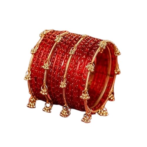 ELIF-X Kashmiri Ghungharoo Raindrop Bangles Set for Women | Traditional Gold Plated Ethnic Bangles | Bridal Wedding Jewelry | Stylish Designer Kada Set for Girls & Women|Red-2.6