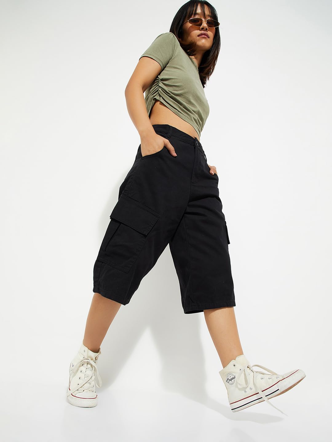 Max Alaya F x URB_N Women Solid Cargo Shorts (Black_32)