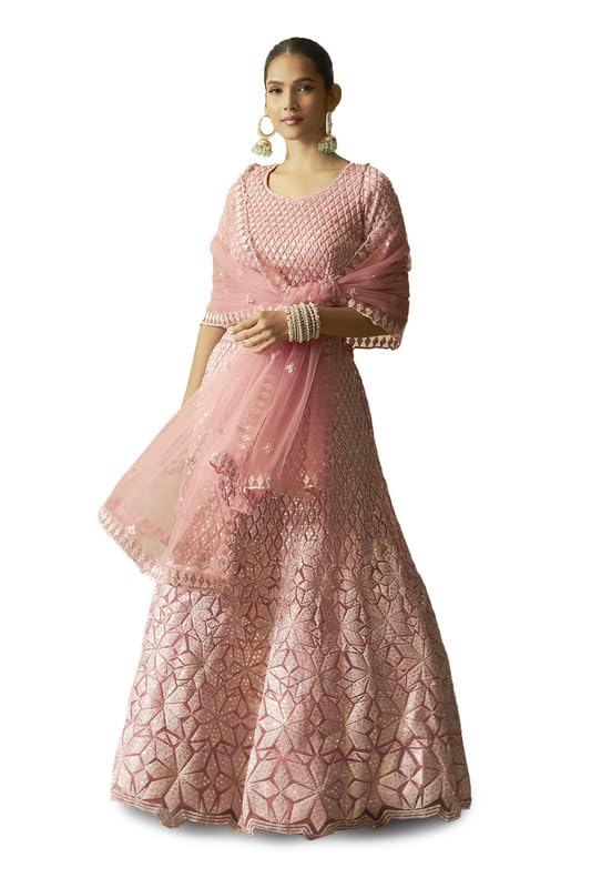 Soch Womens Pink Net Embroidered Unstitched Lehenga Set with Sequin Embellishments