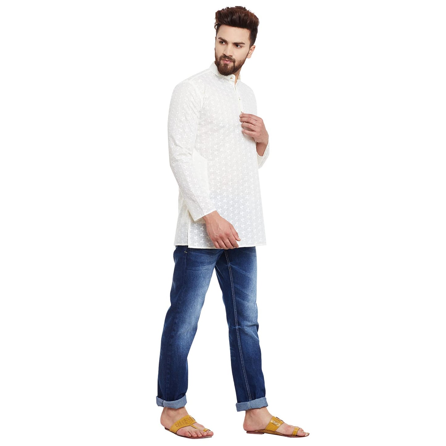 SOJANYA (Since 1958 Men's Cream Cotton Linen Short Kurta, Size: XXL