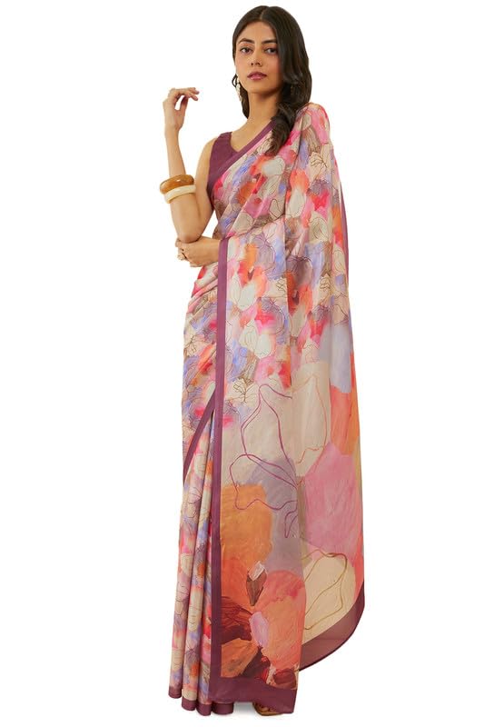 Soch Womens Wine Floral Print Crepe Saree