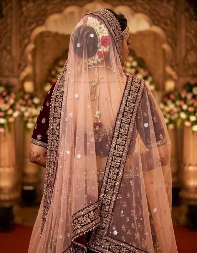 Navti Creations Women's Heavy Net Dupatta With Zari Embroidery Heavy Border (Stone work, 2.25m) (Peach- Maroon)