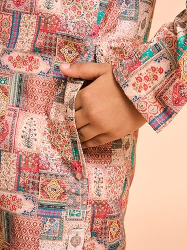 Manyavar Boys Viscose Blend Abstract Prints Kurta Pyjama Set (Rust,5-6Y)