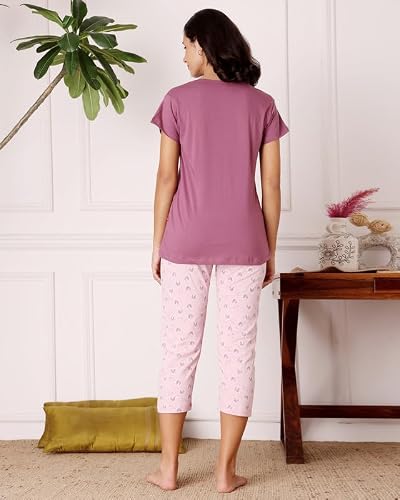 BODYCARE Women's Cotton Printed T-Shirt and Capri Set | Soft & Breathable Nightwear | Short Sleeves | Loungewear Co-Ord Set| BSCS16033_85 Multicolour