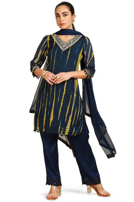 Soch Womens Blue Abstract Print Chinon Suit Set with Faux Mirrors & Sequins