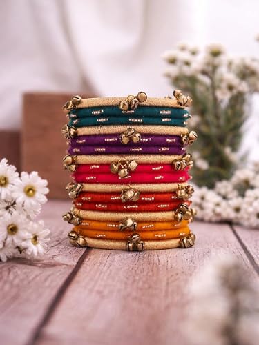 Taasha Craft Vibrant Bangle Set with Copper Ghungroo and Statement Ring, Inspired from Kashmiri Bangles (Size: 2.4, 16 Bangle Set)