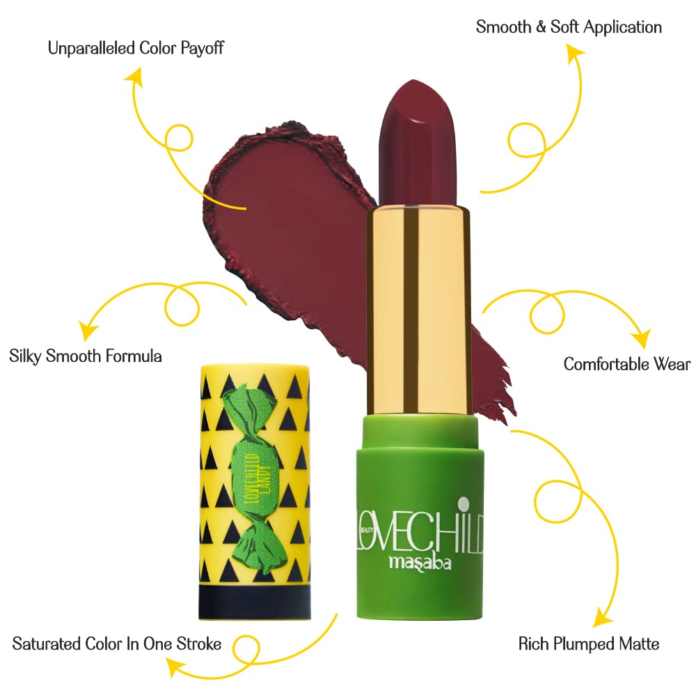LoveChild Masaba - Paan-Tastic - Luxe Matte Lipstick, Moisturising, Long lasting, Wine Red, Bullet Matte Lipstick, 4ML