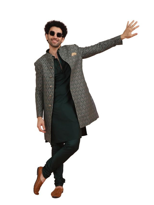 KISAH Men Grey Jacquard Kurta Indowestern Sherwani Churidar Set with Floral, 38
