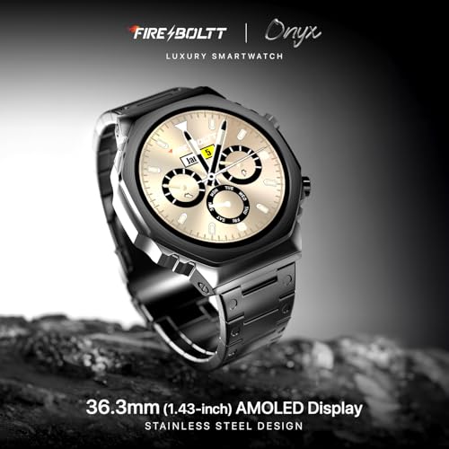 Fire-Boltt Onyx- 36.3mm AMOLED Always On Display Smart Watch, 466 * 466 High Resolution, Bluetooth Calling, Steel Design, IP67, 4GB Storage, 300+ Sports Modes, 130+ Watch Faces (Black)