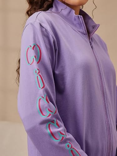 Clovia Women's Graphic Print Terry Cotton Jacket & Pyjama Set (LSW787P12_Lilac_3XL)