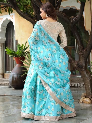 Zeel Clothing Women's Digital Print & Dori, Zari, and Sequins Embroidery Work Organza Lehenga Choli With Dupatta (7606-SkyBlue-Wedding-Women-Lehenga-Choli, Free Size) (SkyBlue)