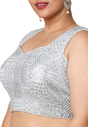 S SALWAR STUDIO Women's Silver Silk Blend Readymade Saree Blouse-PLSSB00044-SLVR
