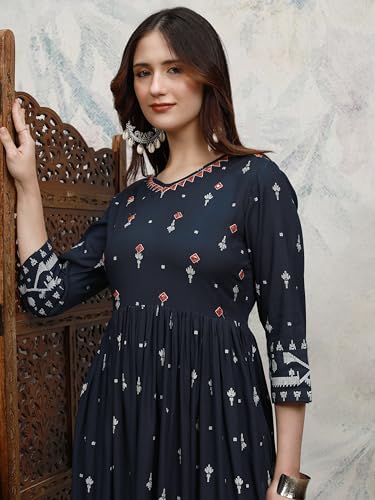 Vishudh Women 3/4 Sleeve V-Neck Dress VPa1000206 Blue M