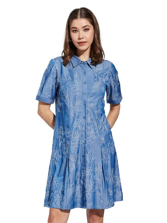 Latin Quarters Women Blue Collar Neck Half Sleeve Printed Shirt Dress_2XL