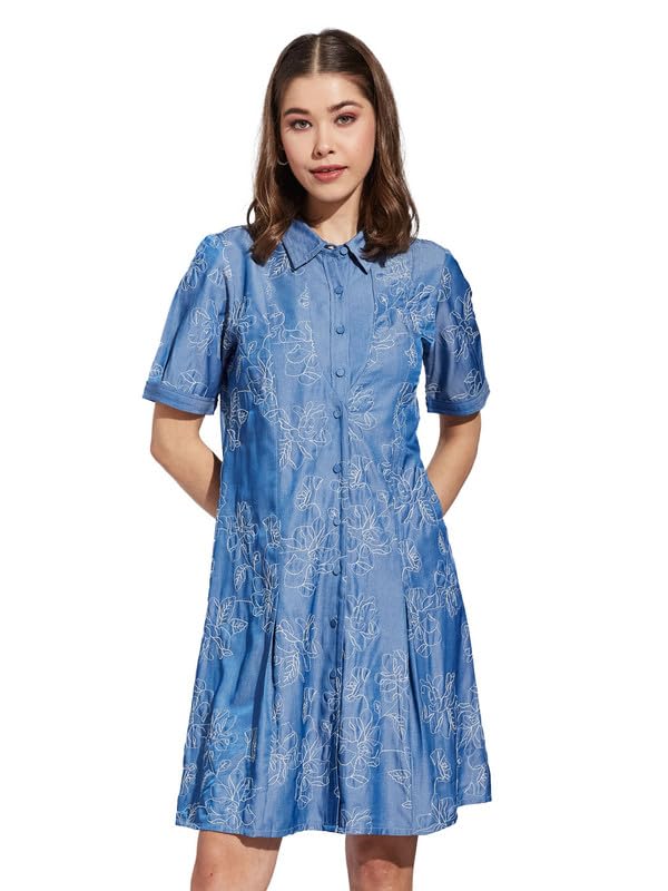 Latin Quarters Women Blue Collar Neck Half Sleeve Printed Shirt Dress_XL