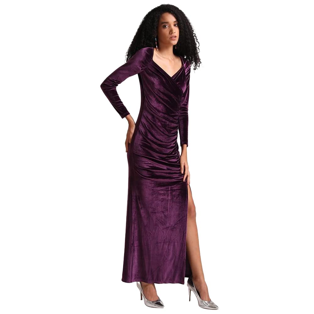 Kazo Solid Velvet V Neck Women's Maxi Dress (Purple,Small)