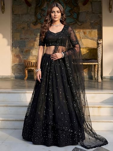 Zeel Clothing Women's Resham & Zari Embroidered Net Lehenga Choli with Dupatta (5056-Black-Women-Lehenga-Choli-Set; Free Size)