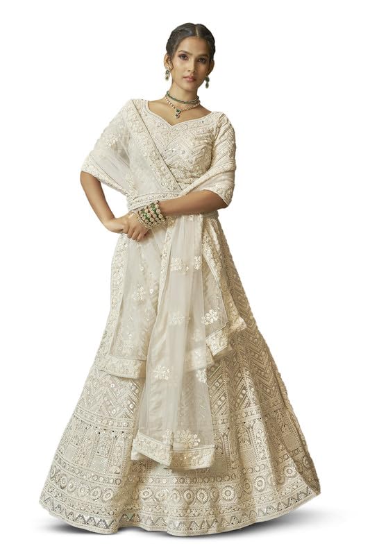 Soch Womens Cream Net Embroidered and Sequin Embellished Unstitched Lehenga Set