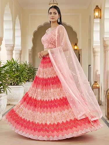 Zeel Clothing Women's Chinon Silk Embroidered Mirror Work Lehenga Choli with Dupatta (115-Pink-Women-Lehenga-Choli-Set; Free Size; Pink)