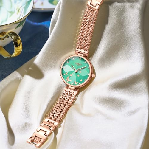 NIBOSI Watch for Woman Analog Quartz Rose Gold Stainless Steel Mesh Band Women Watches Stylish Diamond Wrist Watch Waterproof (Rose Green)