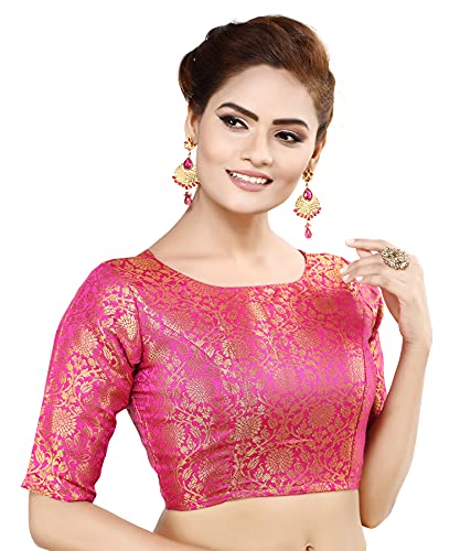 Madhu Fashion Womens Traditional Benaras Brocade Readymade Stitched Saree Half Sleeve Blouse (34, Pink)