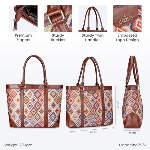 THE CLOWNFISH Miranda Series 15.6 inch Laptop Bag For Women Printed Handicraft Fabric & Faux Leather Office Bag Briefcase Hand Messenger bag Tote Shoulder Bag (Multicolour-Diamond)